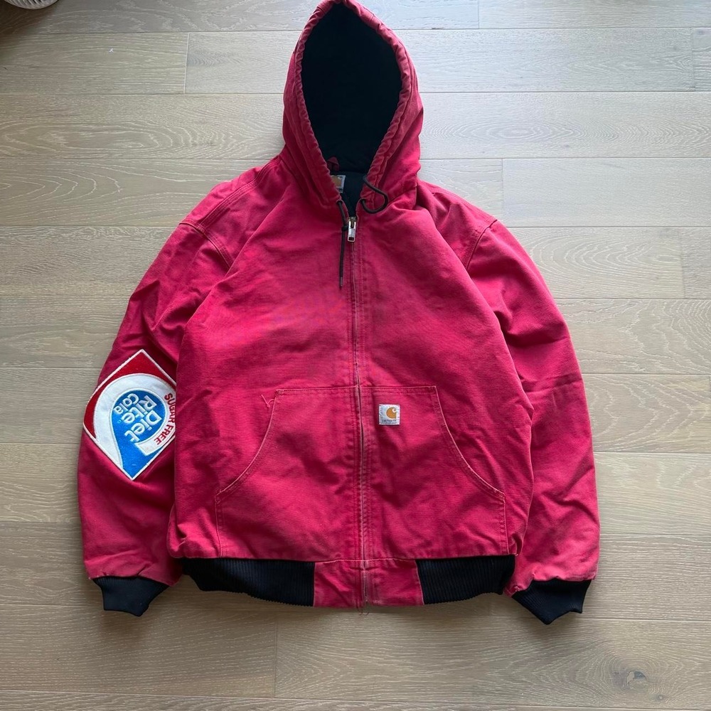Carhartt Mens Red Canvas Hooded Active Jacket Diet Rite Cola Patch USA Made XL
